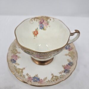 Foley English Bone China Tea Cup & Saucer Set Multicolor Floral Gold Lattice VTG